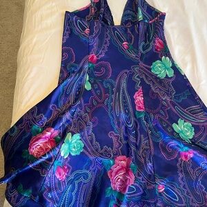 Silk Slip Dress Floral Paisley Vibrant Pattern Size M VTG Button Detail